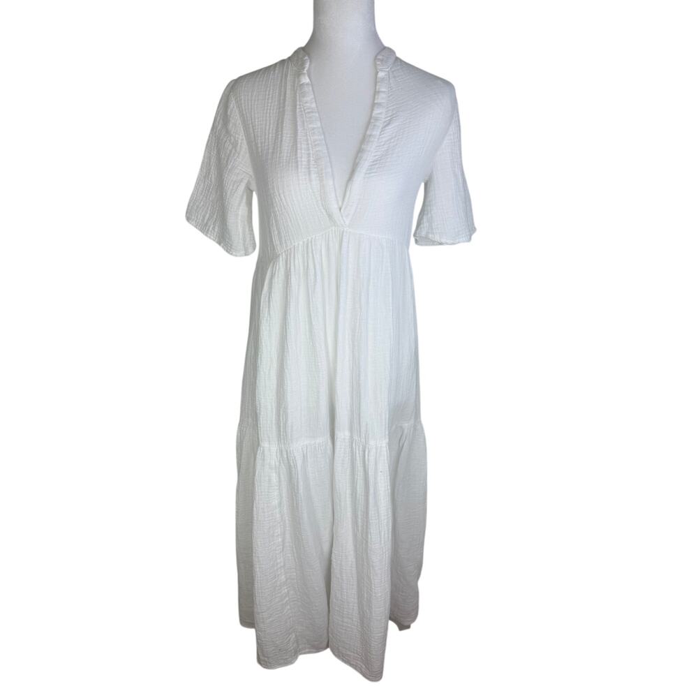 Anthropologie Womens Short Sleeve V-Neck 100% Cotton Gauzy Maxi White Dress XXS